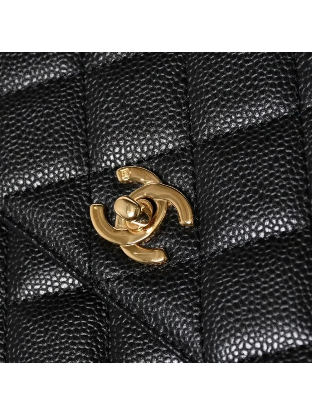 Chanel Quilted CC Logo CC Handbag Top Handle Turnlock Caviar Leather Black Gold